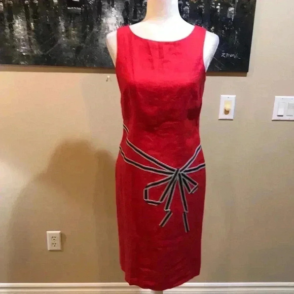 Sharon Young Red with Embroidered Bow Front Linen Sheath Dress-Size 2 - Picture 1 of 6